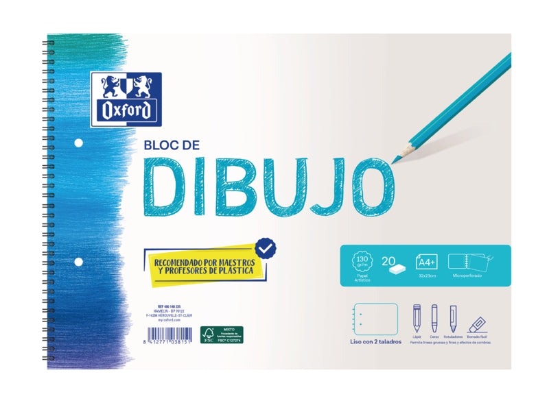Oxford Dibujo Escolar Bloc Espiral A4+ - Tapa Blanda/Contratapa Rigida - 20 Hojas 130gr Liso - 2 Taladros - Cantidad: 5