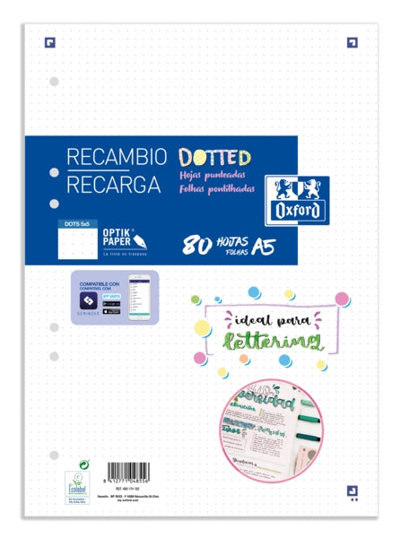 Oxford School A5 Recambio Paquete Dots 80 Hojas - Papel de Alta Calidad - Puntos para Organizar tus Notas - Cantidad: 20