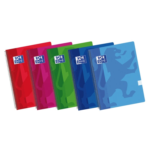 Oxford School Classic A4+ Europeanbook Spiralflex - Tapa de Plastico Resistente - Cuadricula 5x5 para Facil Organizacion - 50 Hojas de Alta Calidad - Colores Surtidos - Cantidad: 5