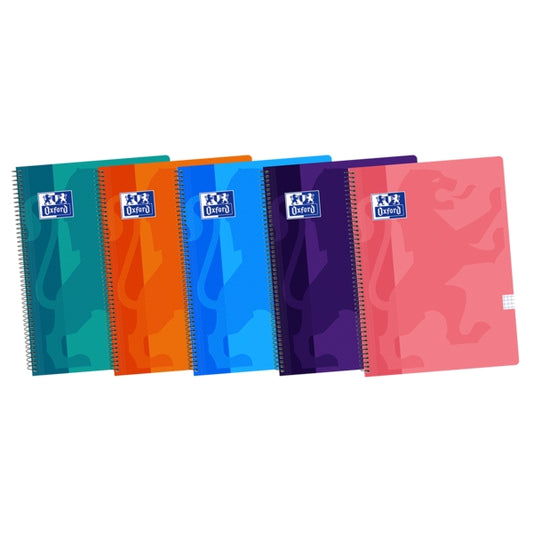 Oxford School Classic Cuaderno Espiral - Tapa de Plastico - Folio 4x4 con Margen - 80 Hojas - Colores Surtidos - Cantidad: 5