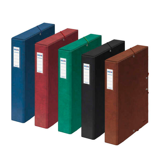 Dohe Caja de Proyectos Lomo 5cm - Tarjetero en Lomo - Medidas 245x350x50mm - Cierre con Gomas Elasticas - Carton Forrado con Papel Impreso y Plastificado - Colores Surtidos - Cantidad: 12