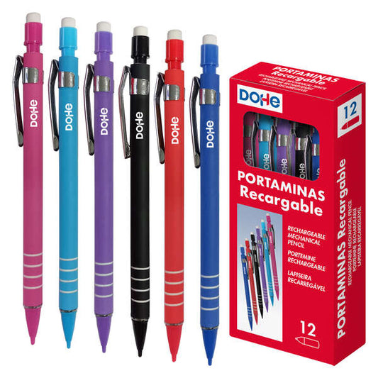 Dohe Portaminas Recargable con Cuerpo de Plastico - Zona Estriada para Agarre - Clip Metalico - Pulsador con Goma de Borrar - Punta de Plastico - para Minas de 0.5mm - Cantidad: 12