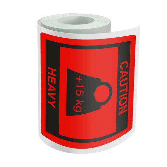 Dohe Rollo de 500 Etiquetas Adhesivas Caution - Heavy - 80x80mm - para Expedicion de Paquetes - Cantidad: 10