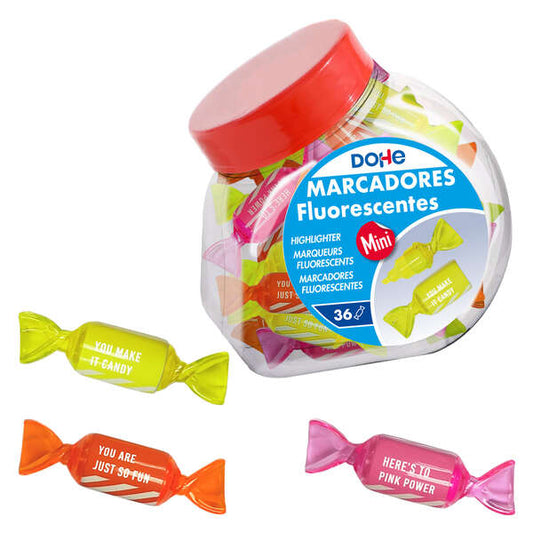 Dohe Candy Bote de 36 Marcadores Fluorescentes - Punta Biselada de 1-4mm - Tinta Extrafluorescente Base Agua - Colores Surtidos - Cantidad: 36