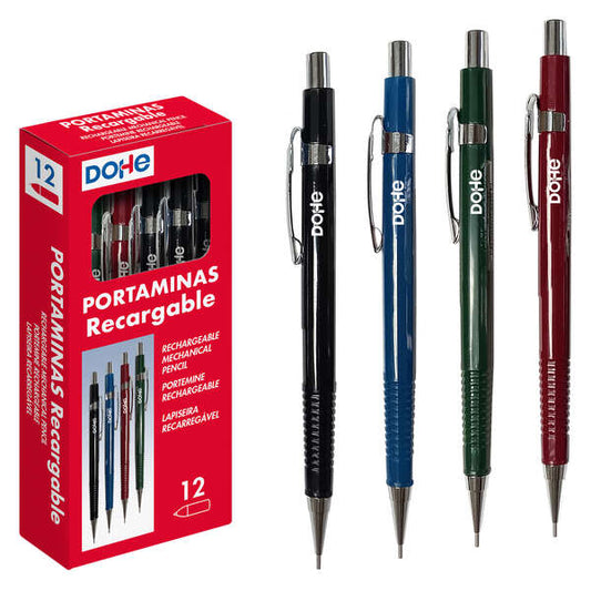 Dohe Portaminas Recargable - Cuerpo de Plastico - Zona Estriada para Agarre - Clip, Pulsador y Punta Metalica - Goma de Borrar - para Minas de 0.5mm - Cantidad: 12