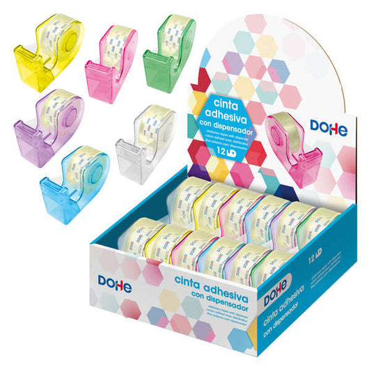Dohe Expositor con 12 Dispensadores de Cinta Adhesiva - Cinta Adhesiva de 18mmx20M - Practico y Versatil - Colores Surtidos - Cantidad: 12