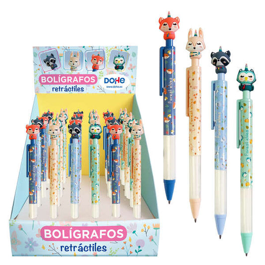 Dohe Boligrafos Retractiles Forest Elves - Punta de Bola Metalica de 1mm - Tinta Base de Aceite en Color Azul - Cuerpo de Plastico en Colores Vivos - Pulsador Decorado con Motivos Forest Elves - Cantidad: 36