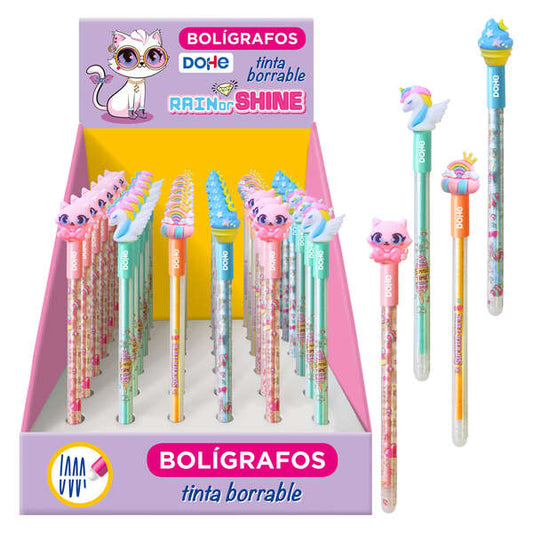Dohe Rain or Shine Expositor de 36 Boligrafos Borrables - Punta de Bola de 1,0mm y Trazo de 0,5mm - Cuerpo de Plastico en Colores Vivos - Tapa Decorada con Motivos Diferentes - Tinta Azul