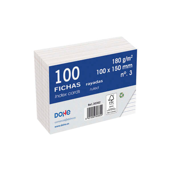 Dohe Fichas de Cartulina Offset Blanca - 180g - Rayadas - Paquete de 100 Unidades