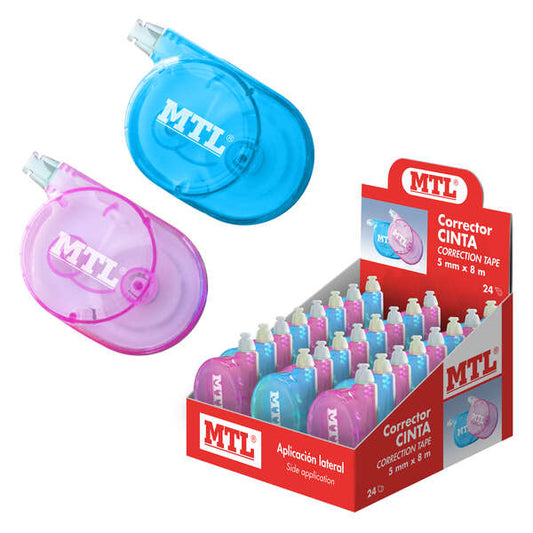 Dohe MTL Expositor de 12 Correctores Cinta Aplicacion Lateral - 5mm de Ancho - Aplicacion Limpia y Precisa - Rapida Cobertura - Cuerpo de Plastico Transparente - Colores Azul y Rosa - Cantidad: 12