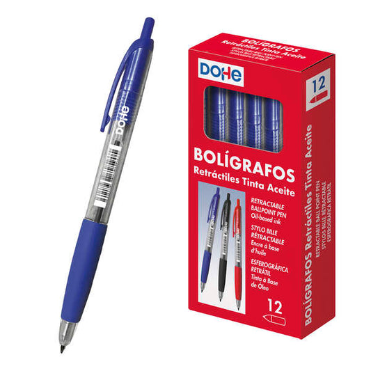 Dohe Boligrafos Retractiles de Tinta a Base de Aceite - Punta Bola de 1mm - Trazo de 0.4mm - Cuerpo Transparente con Grip de Caucho - Caja de 12 Unidades
