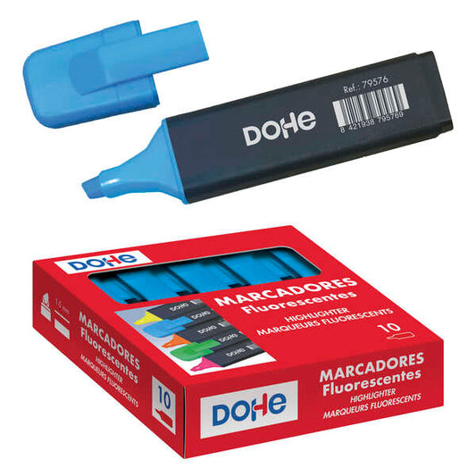 Dohe Marcadores Fluorescentes - Punta Biselada de 1-5mm - Clip en la Capucha - Apto para Todo Tipo de Papel - Color Azul - Cantidad: 10