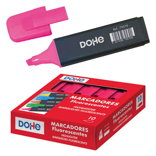 Dohe Marcadores Fluorescentes - Punta Biselada de 1-5mm - Clip en la Capucha - Apto para Todo Tipo de Papel - Color Rosa - Cantidad: 10