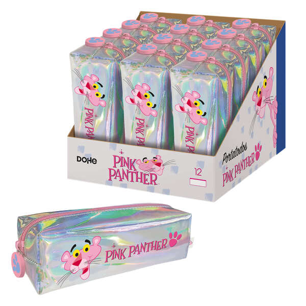 Dohe Expositor de 12 Portatodos Cuadrados Brillantes de Pink Panther - 200mm - para Todo Tipo de Utensilios Escolares - Fabricado en Material Flexible y Resistente - Cantidad: 12
