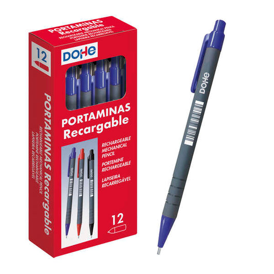 Dohe Portaminas Recargable con Cuerpo de Plastico - para Minas de grafito de 0.5mm - Punta Acolchada Metalica - Clip y Goma de Borrar en Pulsador - Grip Ergonomico