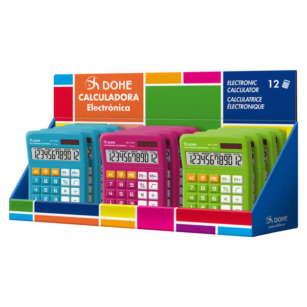 Dohe Expositor de 12 Calculadoras - Alimentacion Solar y a Pilas - 12 Digitos - Teclas de Memoria - Colores Surtidos - Cantidad: 12
