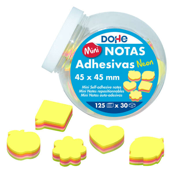 Dohe Expositor de 30 Mini Blocs de 125 Notas Adhesivas - Tamaño 45x45mm - Formas Surtidas - Colores Neon Surtidos