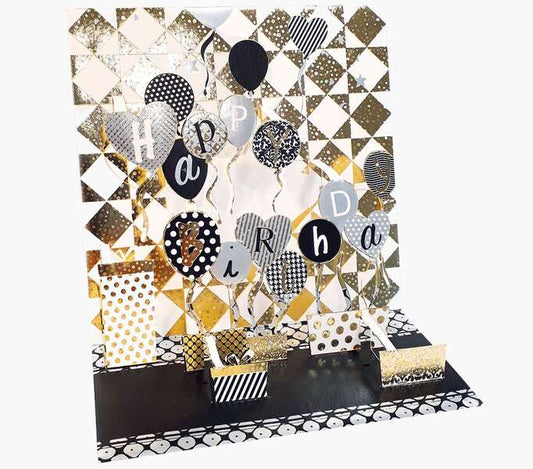 Pictura Tarjeta 3D Pop-Up - 16x16cm - Tematica Globos de Cumpleaños - Embolsada Individualmente - Incluye Sobre Blanco - Papel con Certificacion FSC