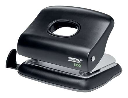 Rapid Eco Taladro Perforador - Perfora hasta 20 Hojas - Facil Vaciado - Punzones 5.5mm - Fabricado con un 74% de Plastico Reciclado Postconsumo - Color Negro