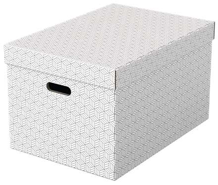 Esselte Pack de 3 Cajas Grandes de Almacenamiento con Tapa 355x305x510mm - Carton 100% Reciclado y Reciclable - Asas Integradas - Diseño Blanco con Dibujo