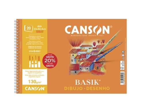 Canson Basik Bloc de Dibujo Espiral 20 Hojas A4+ 130g - Con Recuadro - Medidas 23x32.5cm - Color Blanco