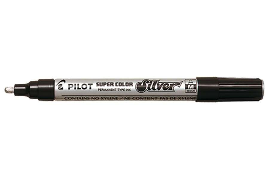 Pilot Super Color Rotulador Permanente - Punta de 4,5mm de Poliacetal - Tinta muy Densa y Opaca - Cuerpo Metalico - Color Plata - Cantidad: 12