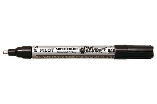 Pilot Super Color Rotulador Permanente - Punta de 4,5mm de Poliacetal - Tinta muy Densa y Opaca - Cuerpo Metalico - Color Plata - Cantidad: 12