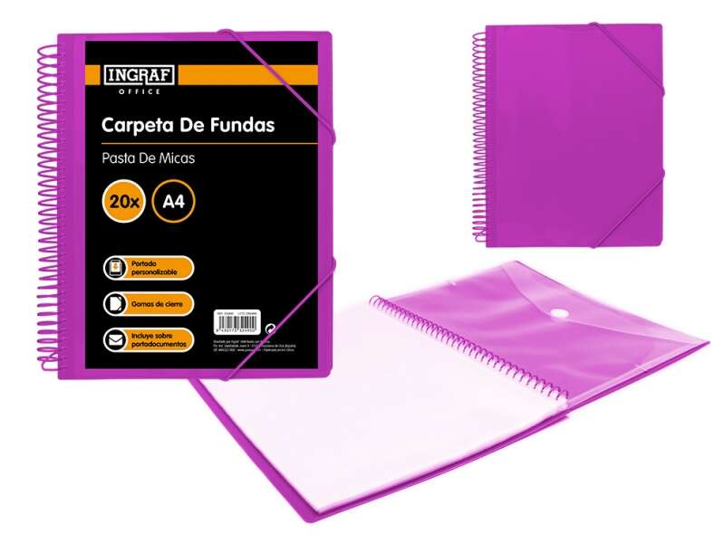 Ingraf Carpeta 20 Fundas A4 + Sobre con Broche - Espiral Plastica Indeformable - Apertura 360 Grados - Portada Personalizable - Color Morado