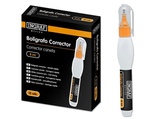 Ingraf Boligrafo Corrector 8ml - Punta Metalica Fina - Secado Rapido - Forma Ergonomica - Cantidad: 12