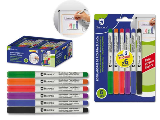 Bismark Pack de 6 Rotuladores para Pizarra Blanca - Punta Fina - Tinta de Secado Rapido - Borrado Facil - Colores Surtidos