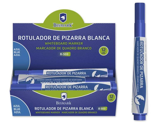 Bismark Rotulador Pizarra Tinta a Base de Alcohol - Punta Media de Fibra Acrilica - Punta Redonda - Color Azul - Cantidad: 12