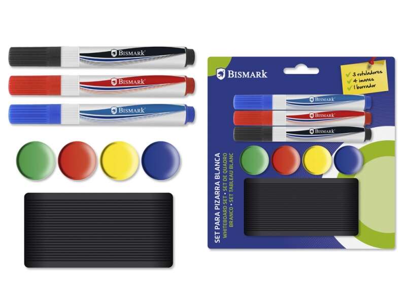 Bismark Pack de 3 Rotuladores para Pizarra + 4 Imanes + Borrador - Colores Surtidos