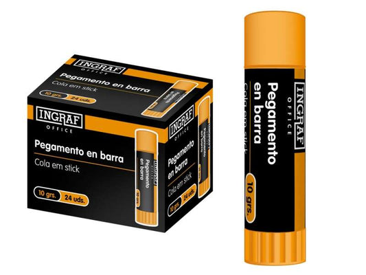 Ingraf Pegamento en Barra Adhesivo Solido 10gr - Sin Disolventes - Facil Aplicacion - Ideal para Oficina, Hogar y Colegio - Color Transparente - Cantidad: 24