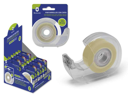 Bismark Portarrollos con Cinta Adhesiva Transparente - Cuerpo de Plastico - Incluye Cinta de 33 Metros - Ideal para Uso Escolar - Color Transparente - Cantidad: 12