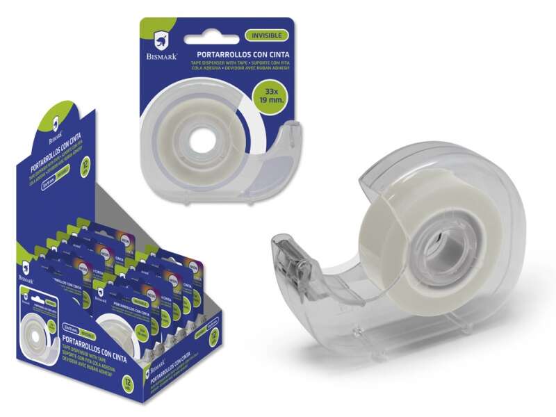 Bismark Cinta Adhesiva Invisible 19mmx33m con Portarrollos - Cuerpo de Plastico - Ideal para Uso Escolar - Transparente - Cantidad: 12