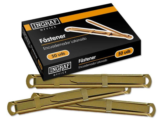Ingraf Pack de 50 Fasteners - Latonado para Encuadernacion Rapida y Resistente - Incluye Lengüeta y Corredera - Color Oro