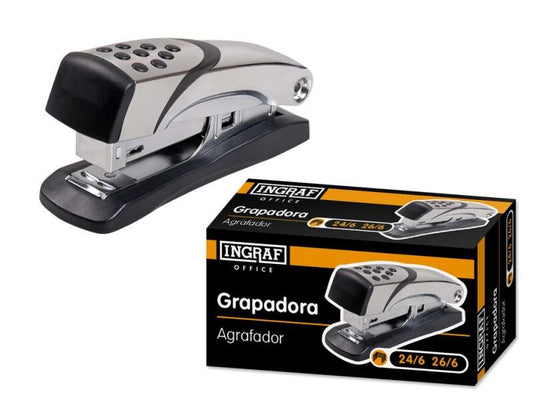 Ingraf N4 Grapadora Metalica - Cuerpo Metalico con Adornos en Plastico - Recubrimiento de Goma Antideslizante - Compatible con Grapas 24/6 y 26/6 - Color Gris