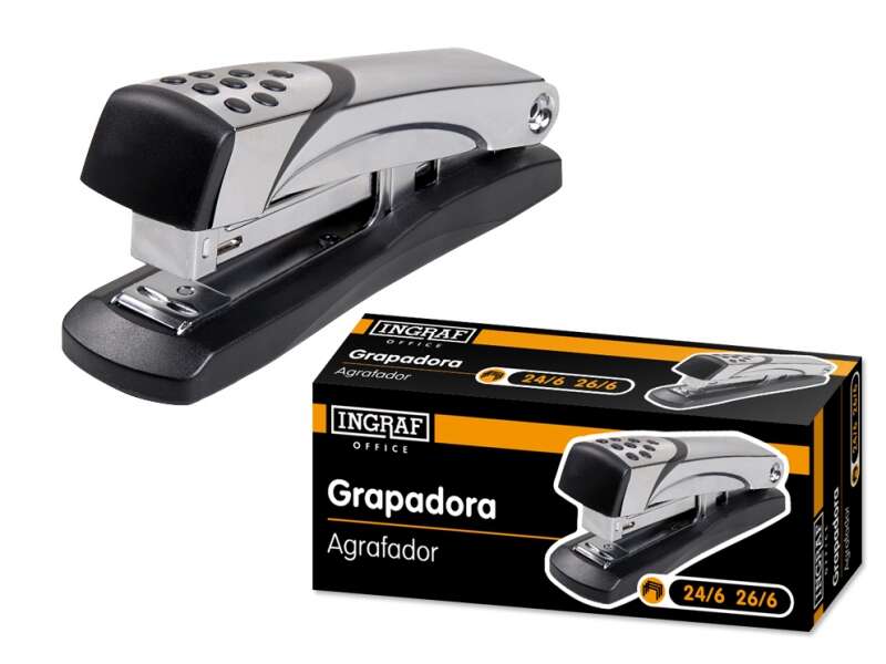 Ingraf Grapadora N5 Metalica - Cuerpo Metalico con Adornos en Plastico - Recubrimiento de Goma Antideslizante - Compatible con Grapas 24/6 y 26/6 - Color Gris