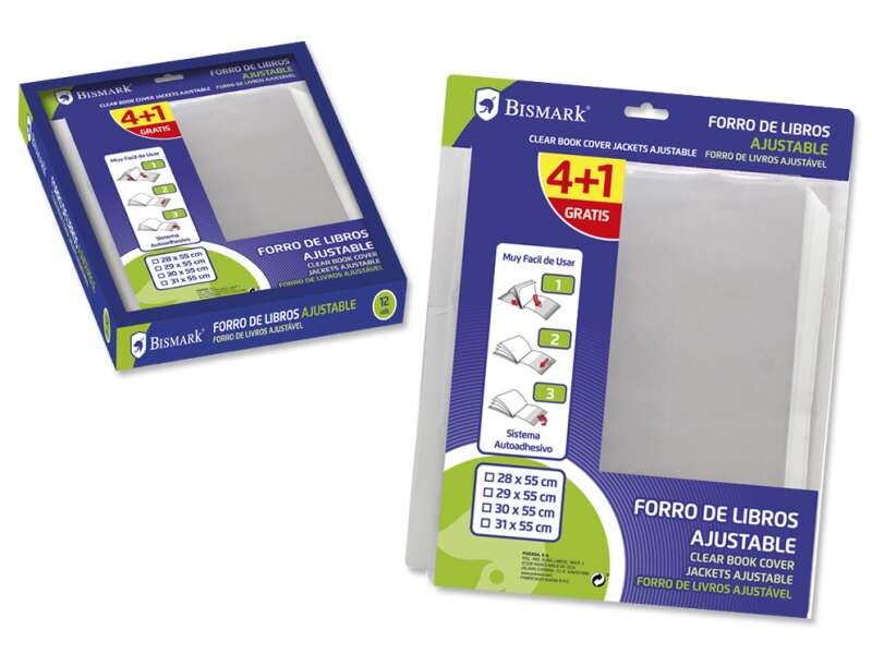 Bismark Pack de 4+1 Forralibros Ajustable 31x55cm - Ideal para Uso Escolar - Facil de Usar - Alta Durabilidad - Transparente