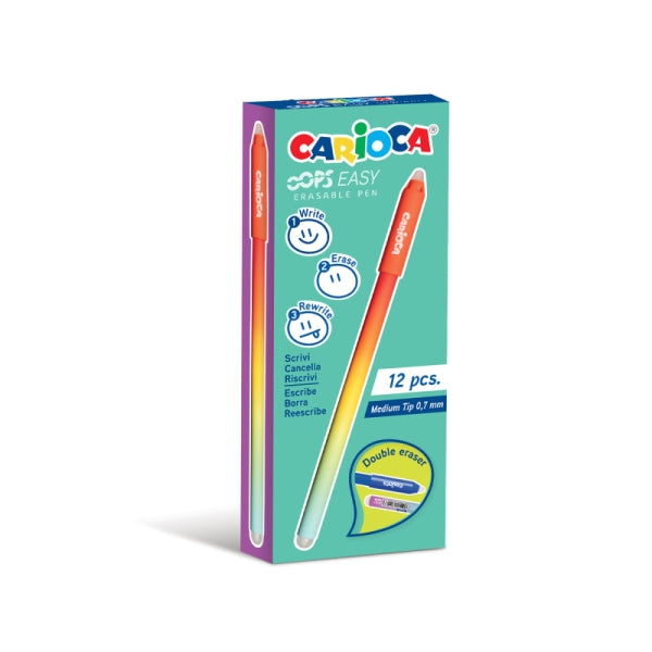 Carioca Oops Easy Pack de 12 Boligrafos Borrables con Punta de Ø 0.7mm - Tinta Termo Sensible - Cuerpo con Efecto Degradado - Doble Goma - Color Rojo