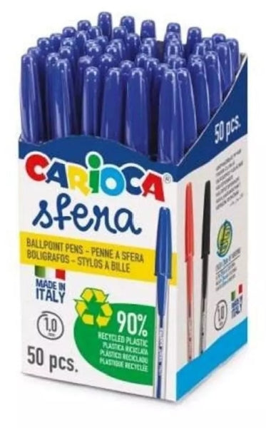 Carioca Sfera Boligrafos - Punta Ø 1mm - Capuchon y Retro del Color de la Tinta - Escritura Super Deslizante - Paquete de Papel - Color Azul - Cantidad: 50