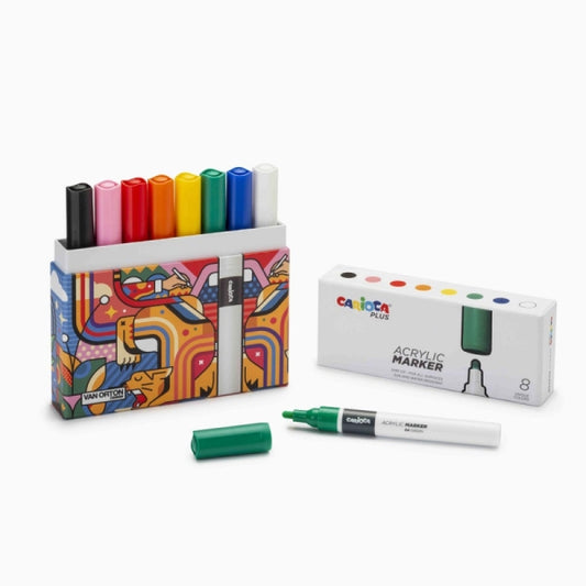 Carioca Plus Pack de 8 Marcadores Acrilicos en Caja Rigida - Punta 2mm - Tinta Acrilica Super Pigmentada - Colores Surtidos