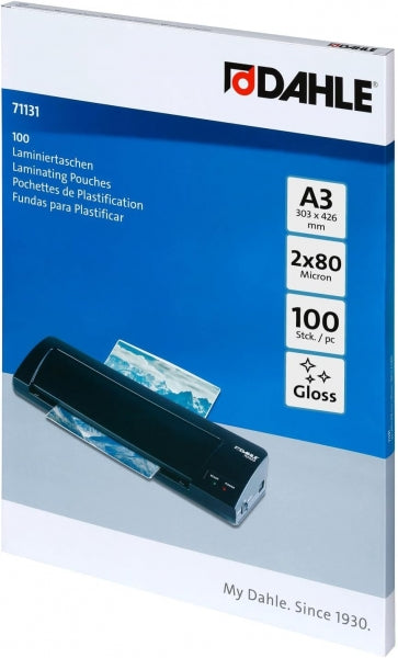 Dahle Pack de 100 Fundas para Plastificar Brillo A3 - 80 Micras - Alta Calidad - Transparente