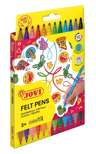 Jovi Felt Pen Extuche 12 Rotuladores de Doble Punta - Amplia Variedad de Tonos - Tinta de Gran Fijacion - Punta Fina y Maxi - Grip Triangular Ergonomico - Color Surtido