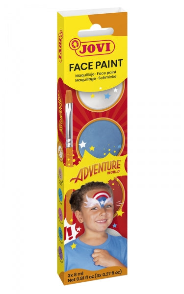 Jovi Adventure Estuche de 3 Botes 8ml Maquillaje Crema + Accesorios - Hipoalergenico - Facil Aplicacion - Base Grasa - Elimina sin Agua - Incluye Esponja y Pincel - Color Surtido