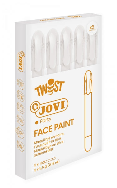 Jovi Twist Stick de Pintura de Cara - Hipoalergenico - Base Agua - Facil Aplicacion - Gran Cobertura - Secado Rapido - Facil de Retirar - Libre de Parabenos y Alergenos - Color Blanco - Cantidad: 5