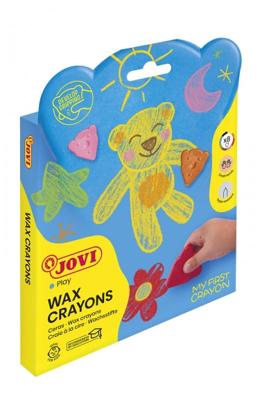 Jovi My First Crayon Estuche de 8 Ceras con Forma de Oso - Resistentes - No Manchan - Diseño Ergonomico - Fomenta El Correcto Agarre - Trazos Finos y Gruesos - Color Surtido