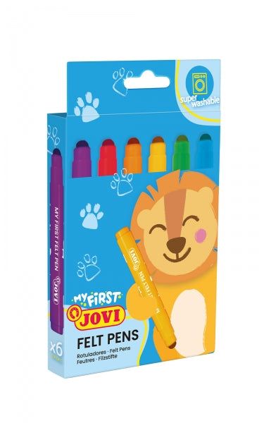 Jovi My First Felt Pen Estuche de 6 Rotuladores - Tinta Super Lavable - Tamaño Ideal para Manos Pequeñas - Punta Antihundimiento - Trazo Constante - Color Surtido