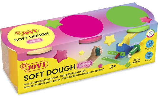 Jovi Soft Dough Blandiver Pack de 3 Botes 110gr - Blanda y Flexible - Facil de Amasar y Moldear - Ideal para Iniciacion al Modelaje - Colores Neon Surtidos