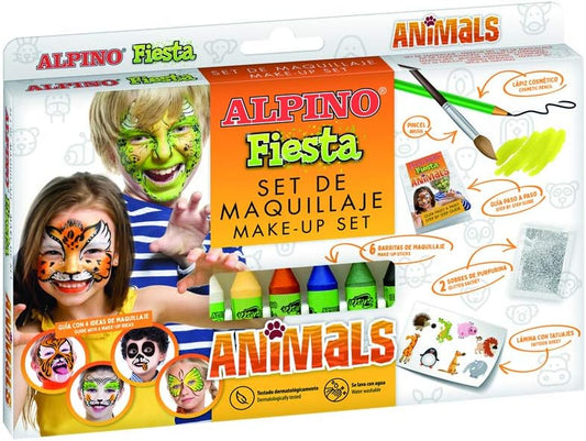 Alpino Fiesta Animales Pack de Maquillaje con 6 Barritas de Pintura Facial + Pincel + Tatuajes en Calcomania + Lapiz Perfilador y 2 Sobres de Purpurina - Se Lava con Agua - Testado Dermatologicamente